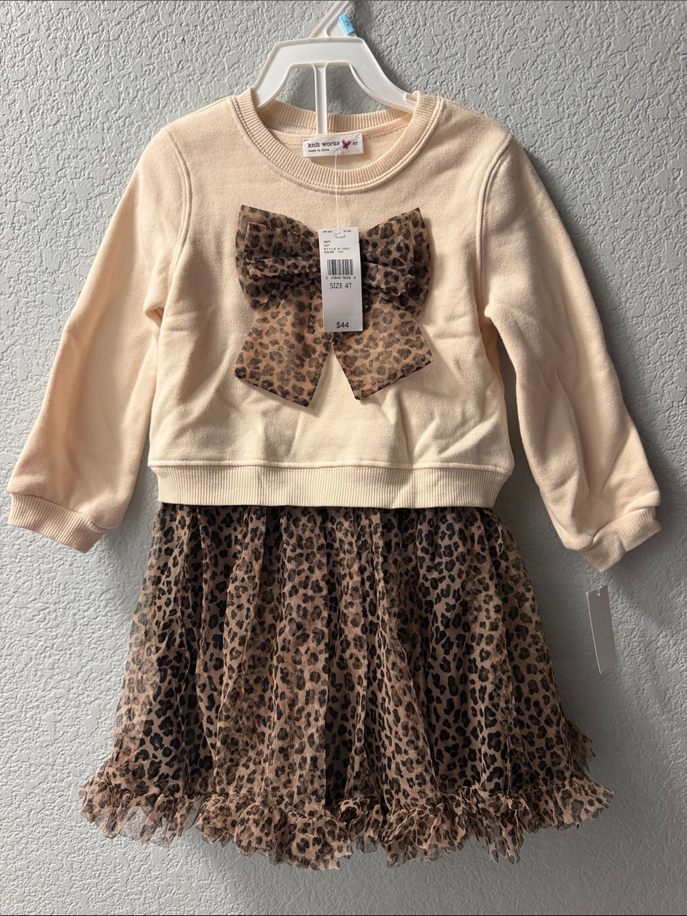 Little Wonders Cream Sweatshirt with Leopard Tulle Skirt Set